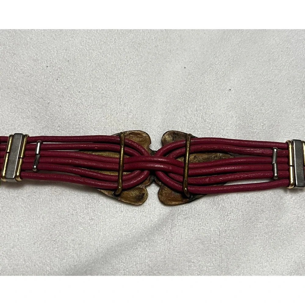 Unique Pink Leather Rope Belt With Gold And Rhinestone Accents And Chain Closure